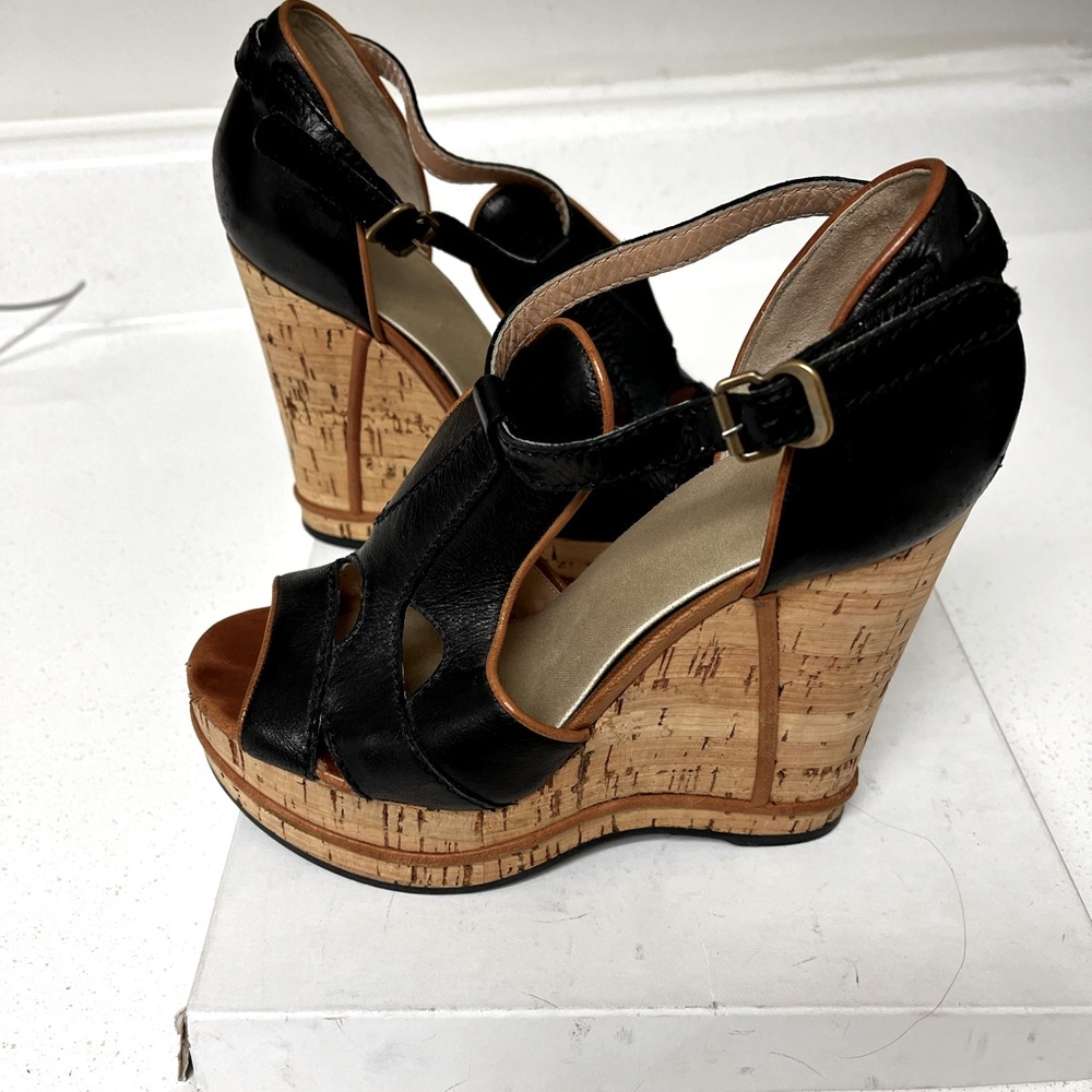 Chloe Cork Calf Wedges in Black